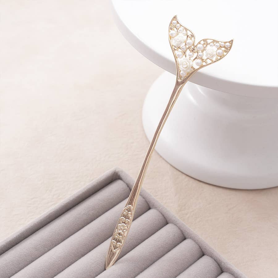 Pearl & Rose Inlaid Mermaid Fishtail Hairpin