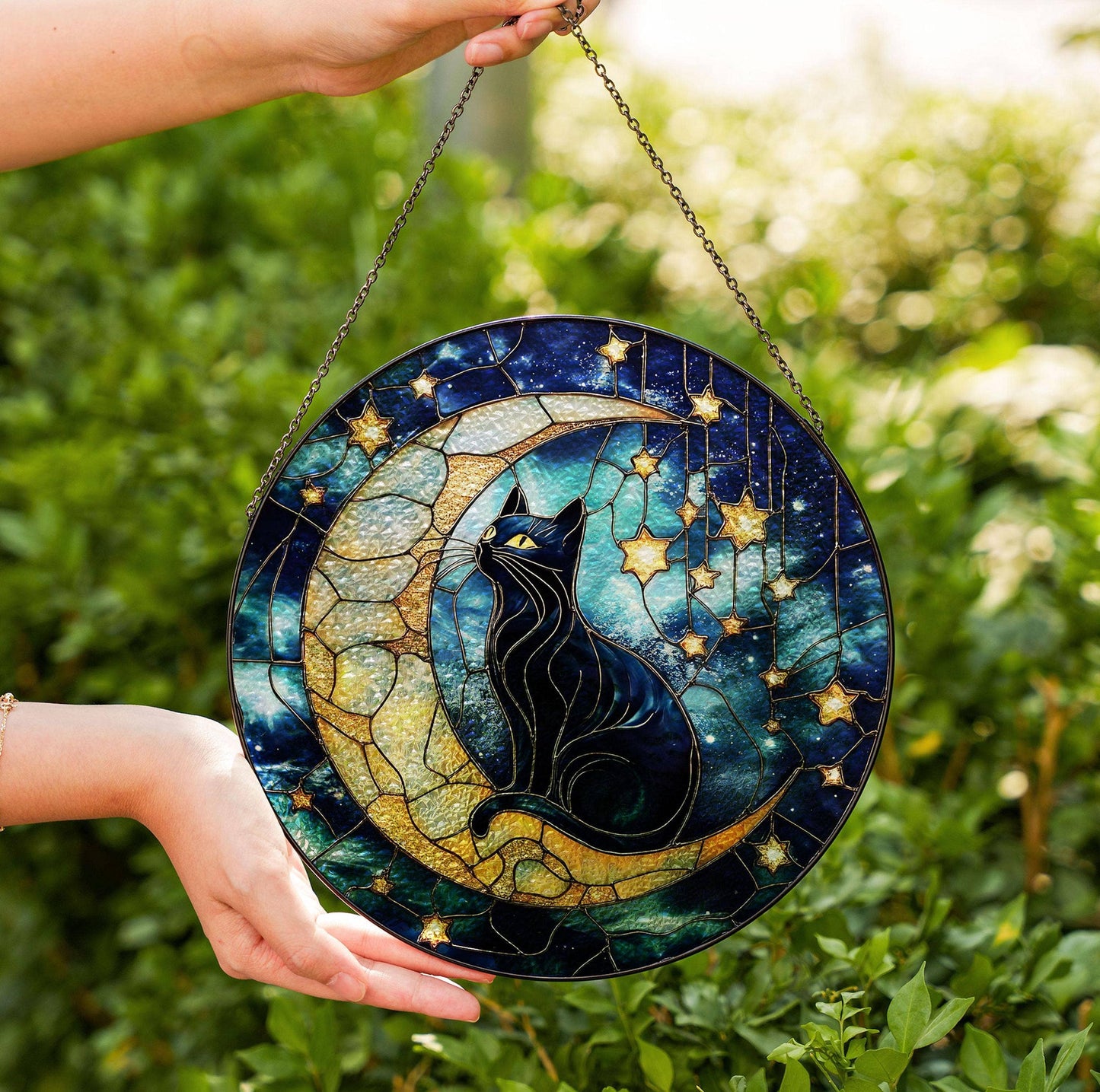 Black Cat Moon And Stars Glass Suncatcher