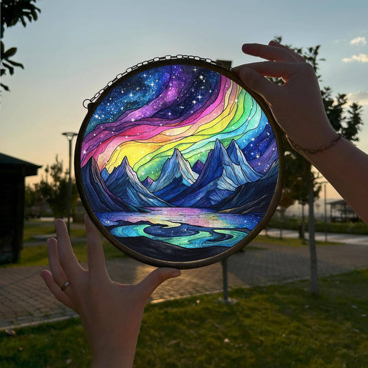 Aurora Borealis Mountain Stained Glass Suncatcher