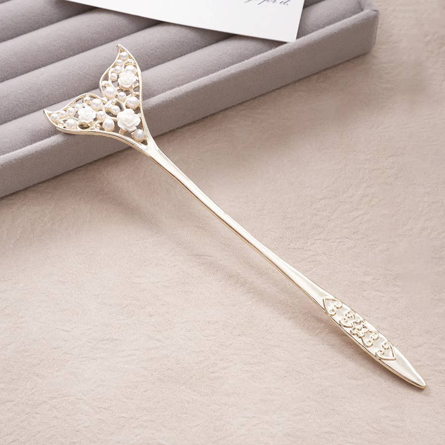 Pearl & Rose Inlaid Mermaid Fishtail Hairpin