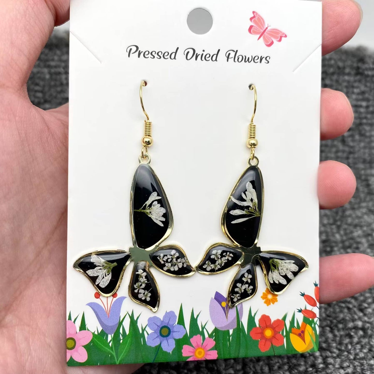 PDF - Genuine White Dried Flowers Black Butterfly Earrings