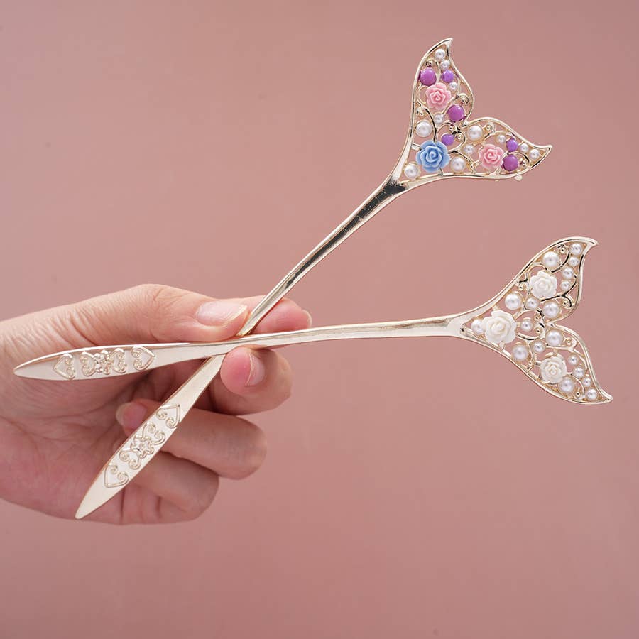 Pearl & Rose Inlaid Mermaid Fishtail Hairpin
