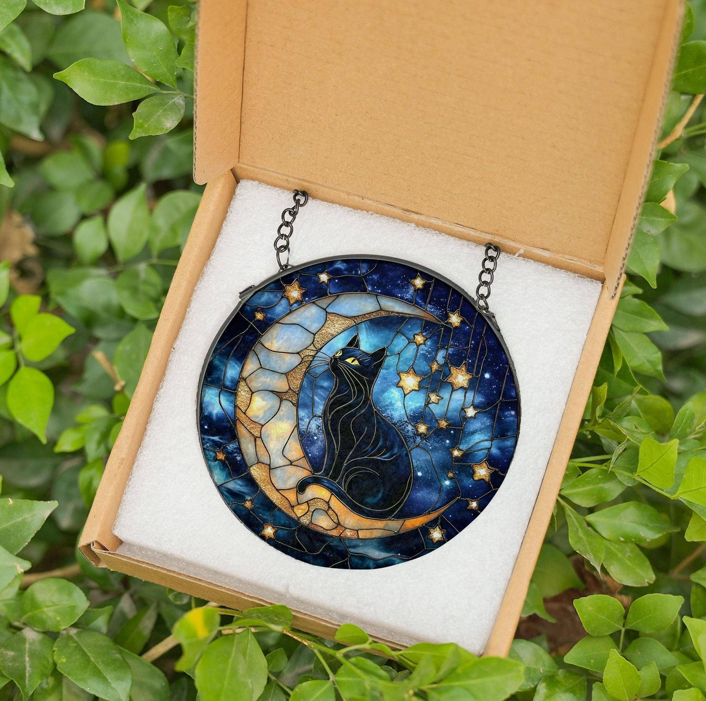 Black Cat Moon And Stars Glass Suncatcher