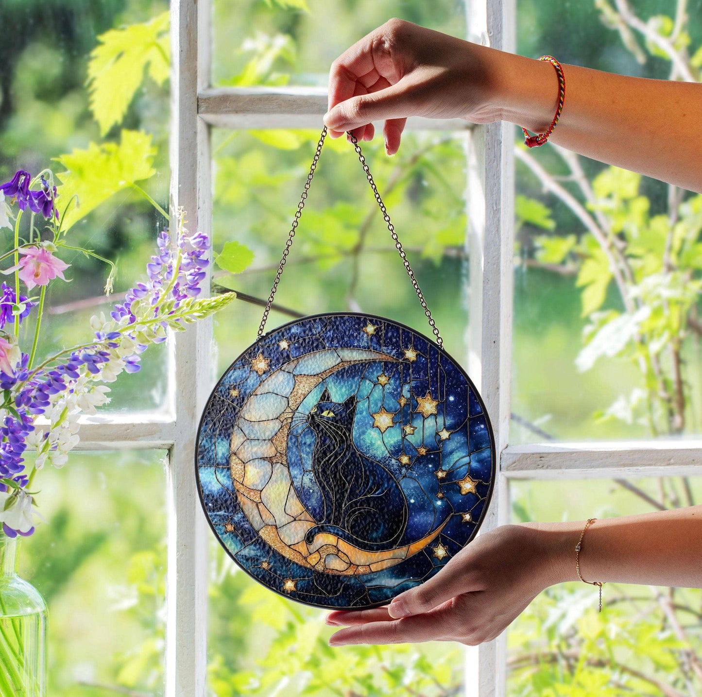 Black Cat Moon And Stars Glass Suncatcher