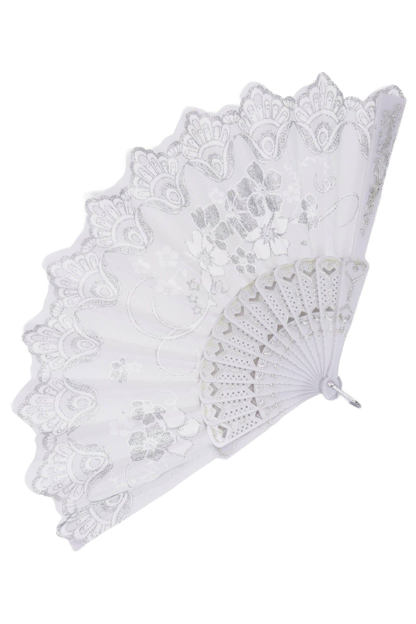 Lux White Glitter Floral Handheld Folding Fan