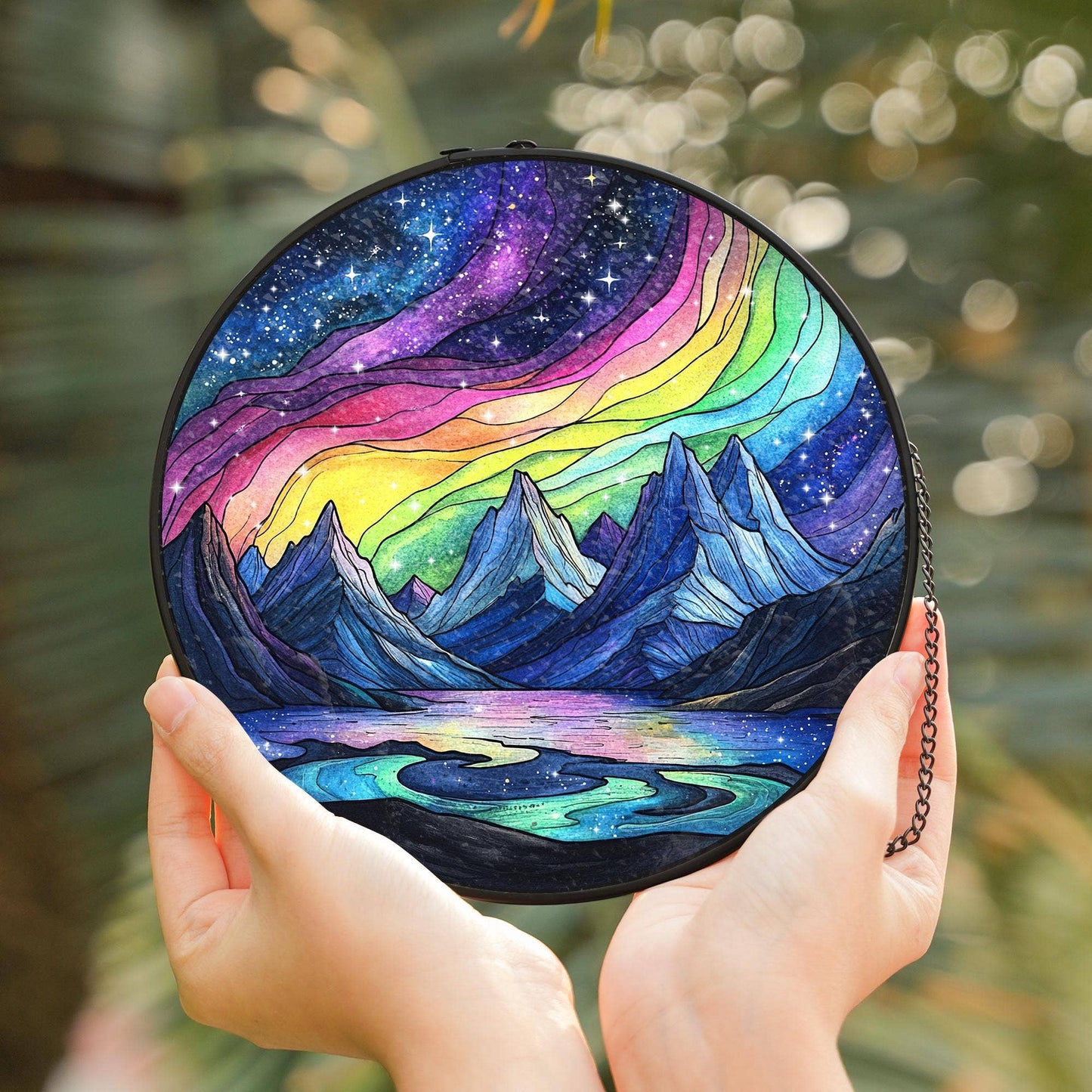Aurora Borealis Mountain Stained Glass Suncatcher