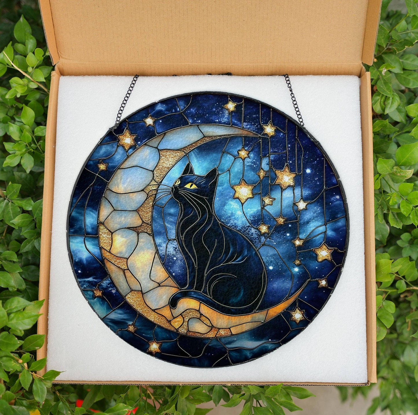 Black Cat Moon And Stars Glass Suncatcher