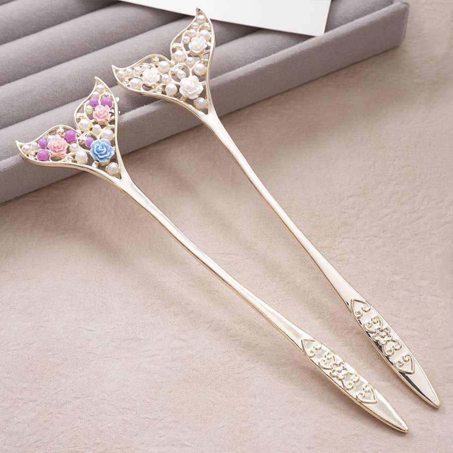 Pearl & Rose Inlaid Mermaid Fishtail Hairpin