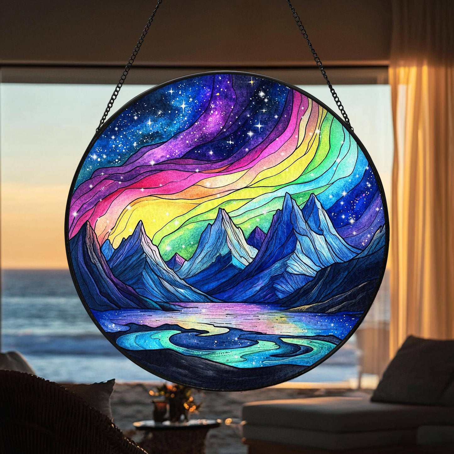 Aurora Borealis Mountain Stained Glass Suncatcher