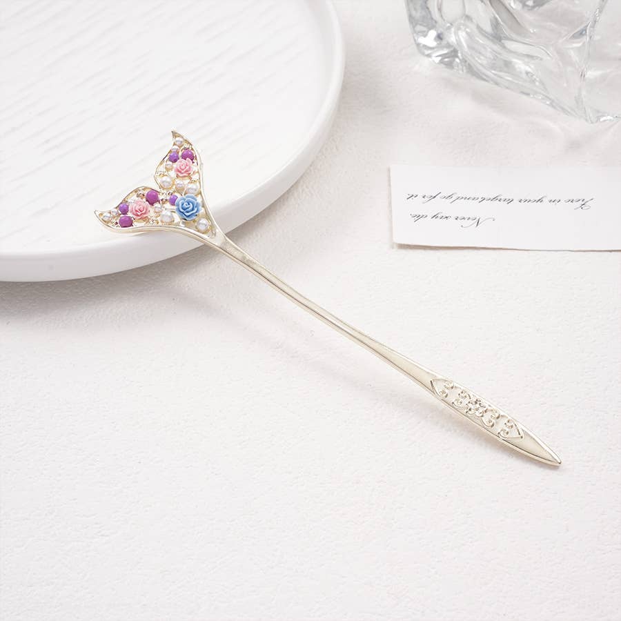 Pearl & Rose Inlaid Mermaid Fishtail Hairpin