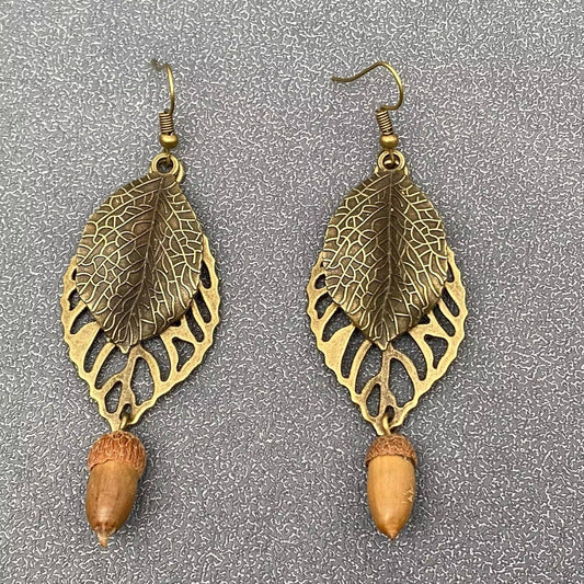 Acorn & Metal Leaf Earrings