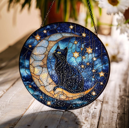 Black Cat Moon And Stars Glass Suncatcher