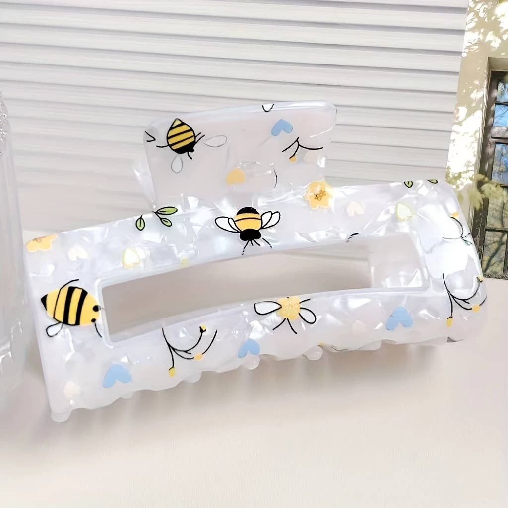 Cartoon Bee Flower Print Square Hair Claw Clip