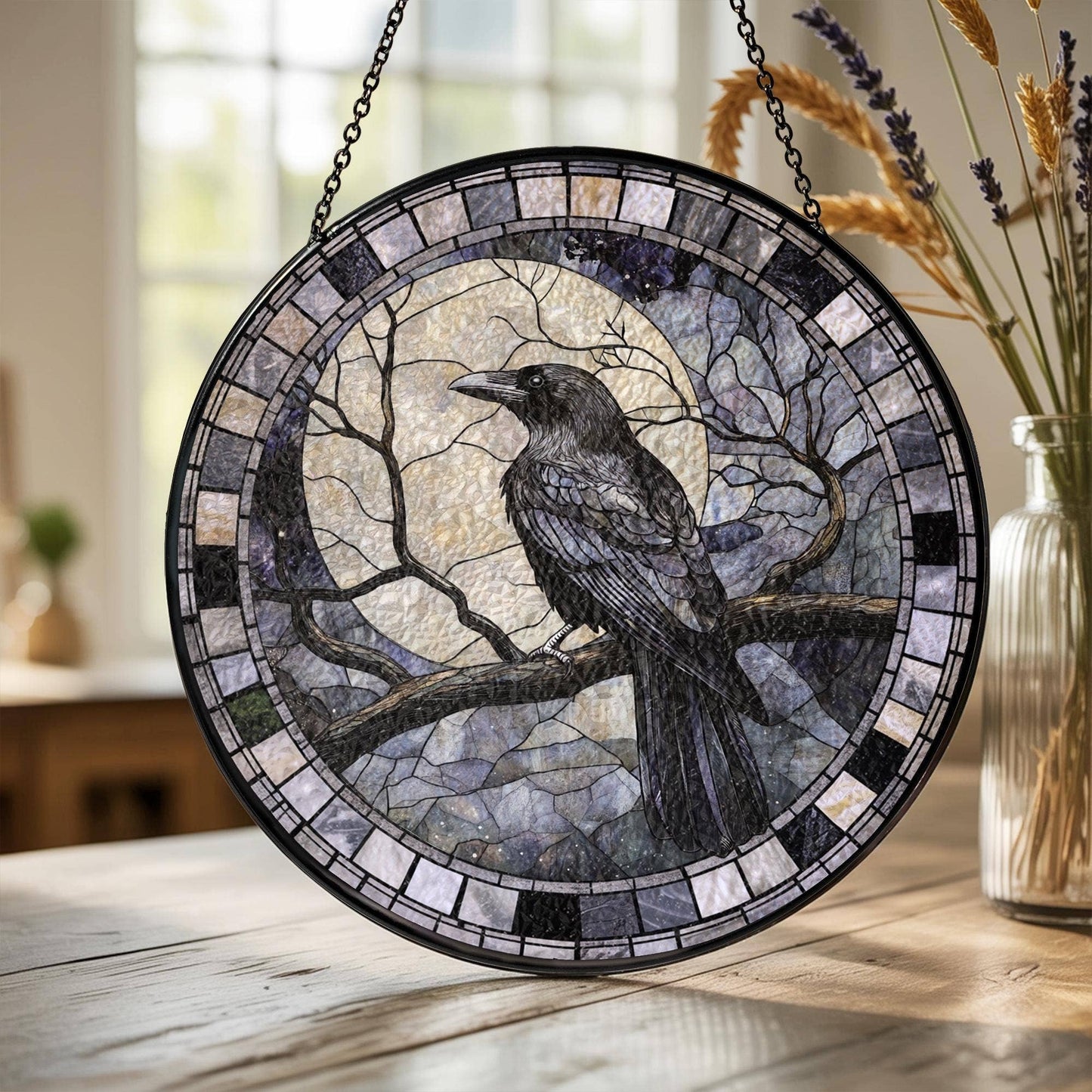 Black Raven Stained Glass Suncatcher