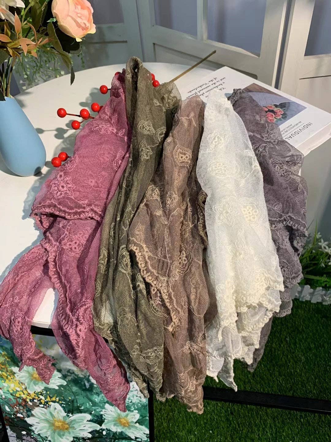 Embroidered Lace Small Shawl Scarf
