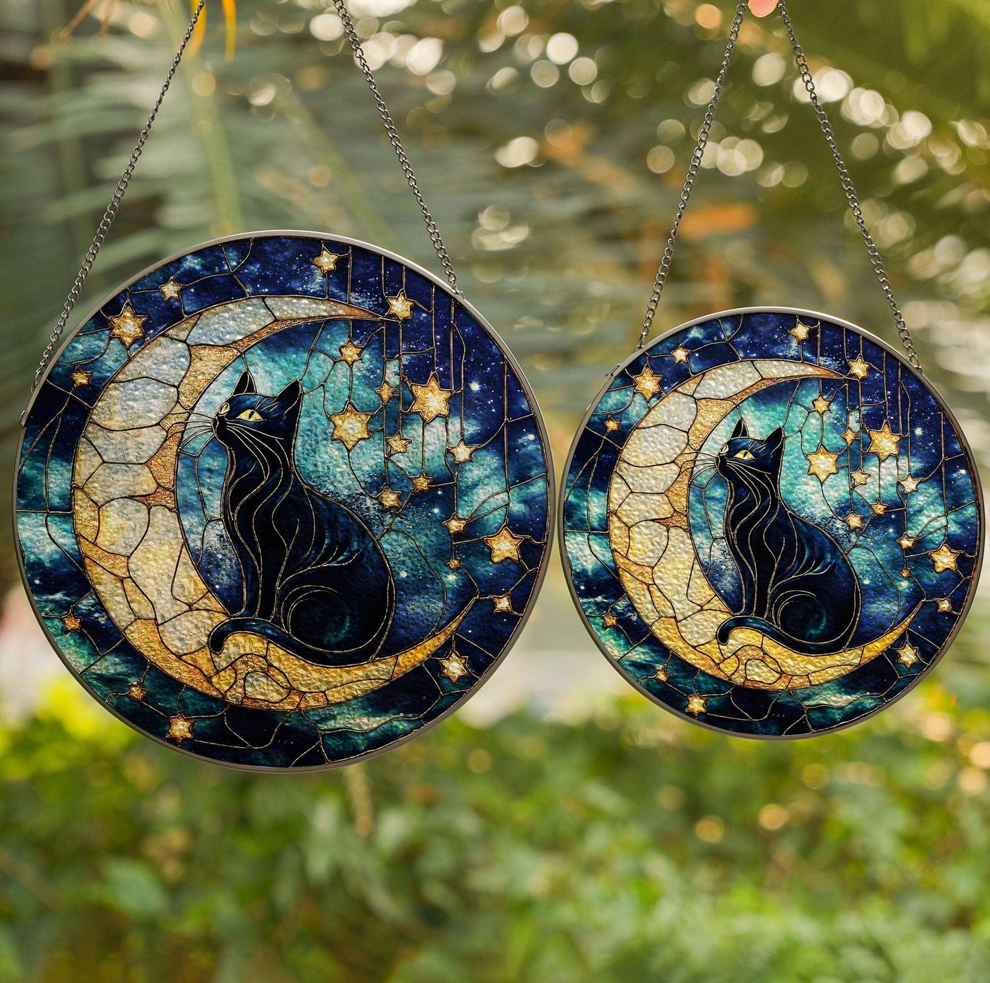 Black Cat Moon And Stars Glass Suncatcher