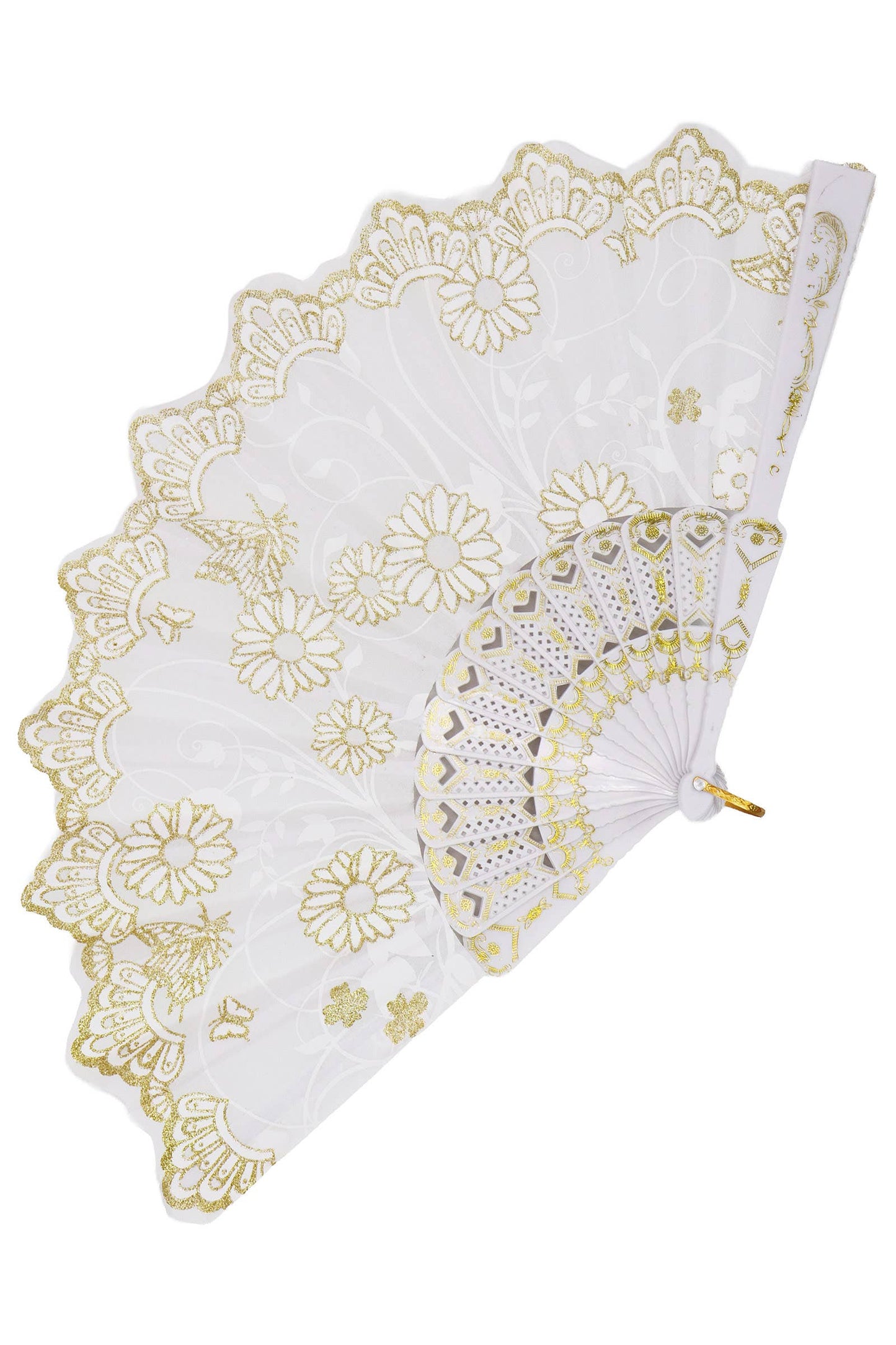 Lux White Glitter Floral Handheld Folding Fan