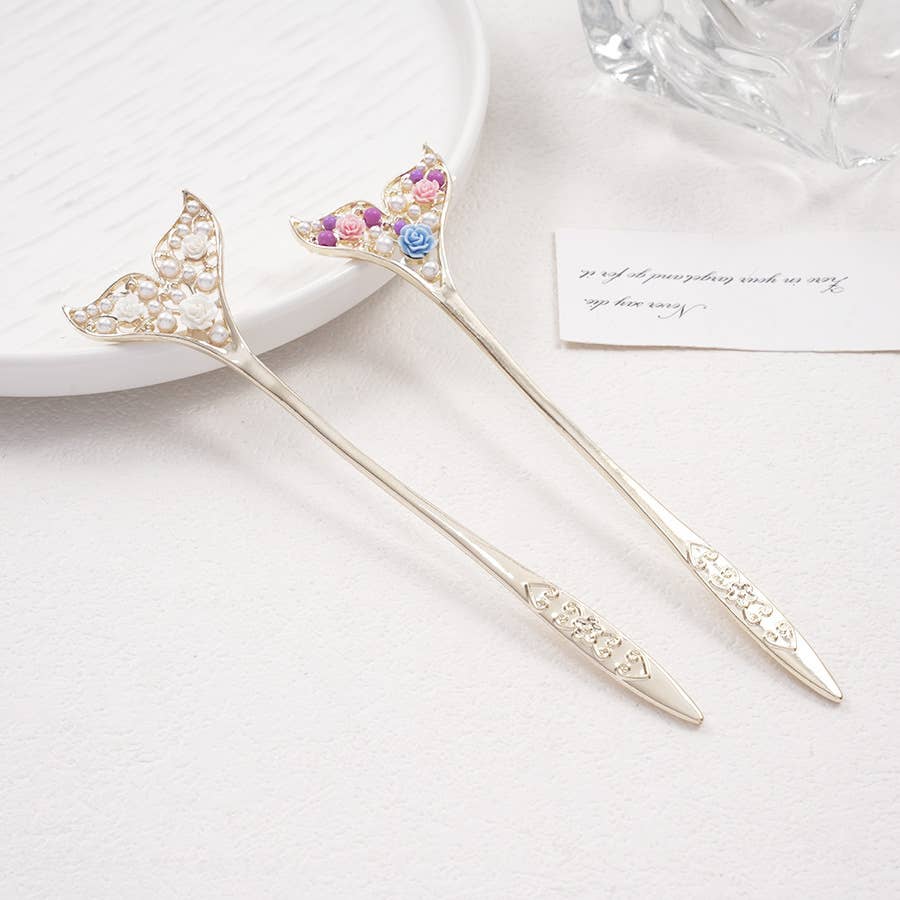 Pearl & Rose Inlaid Mermaid Fishtail Hairpin