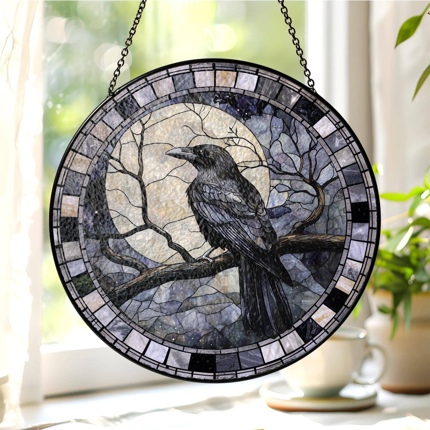 Black Raven Stained Glass Suncatcher