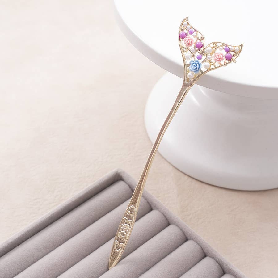Pearl & Rose Inlaid Mermaid Fishtail Hairpin